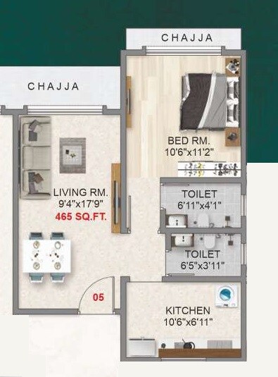 Floor plan of 1 BHK 465 Sq. Ft. Apartment in Adityaraj Majestic, Mumbai