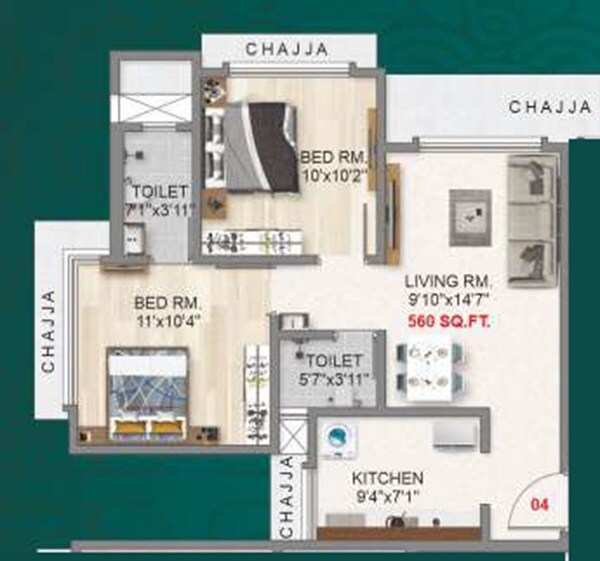Floor plan of 2 BHK 560 Sq. Ft. Apartment in Adityaraj Majestic, Mumbai