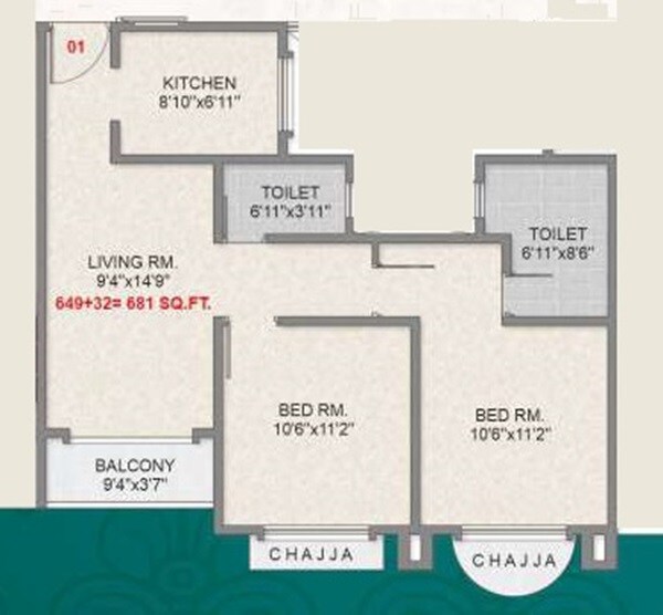 Floor plan of 2 BHK 649 Sq. Ft. Apartment in Adityaraj Majestic, Mumbai