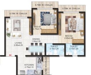 Floor plan of 2 BHK 523 Sq. Ft. Apartment in Adityaraj Manoranjan, Mumbai