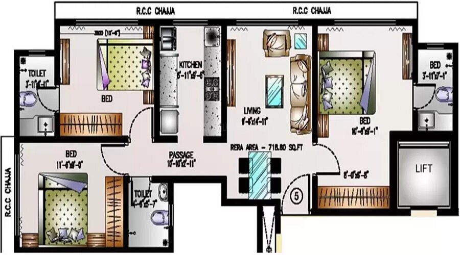 Floor plan of 3 BHK 718 Sq. Ft. Apartment in Adityaraj Manoranjan, Mumbai