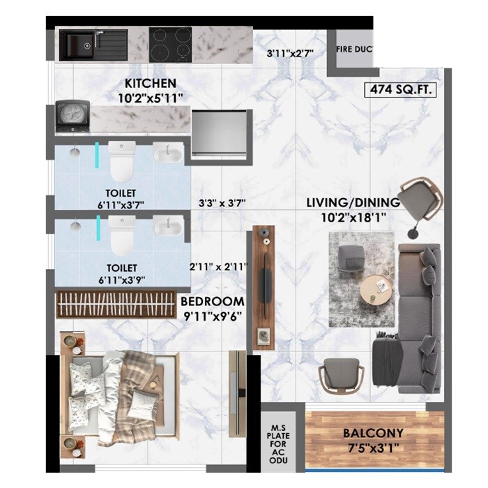 Floor plan of 1 BHK 474 Sq. Ft. Apartment in Adityaraj Midtown, Mumbai