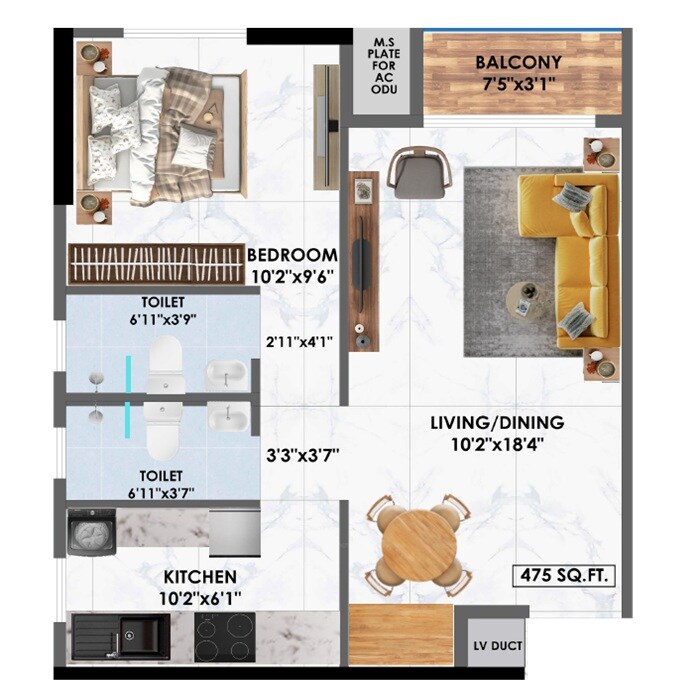Floor plan of 1 BHK 476 Sq. Ft. Apartment in Adityaraj Midtown, Mumbai