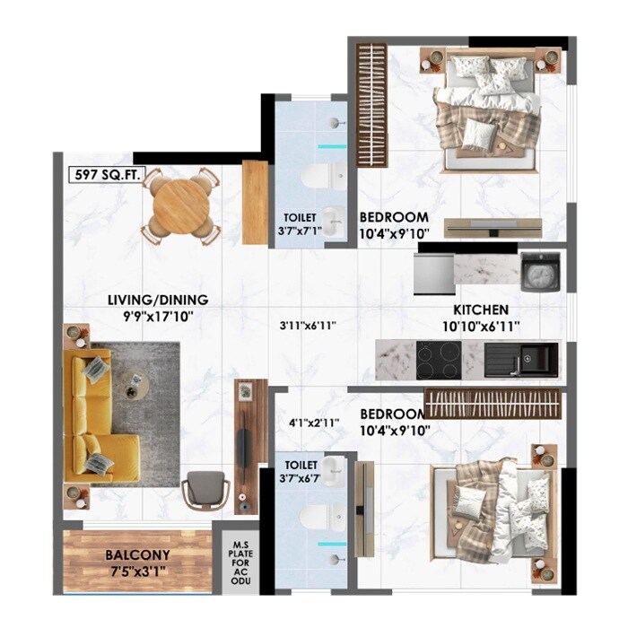 2 BHK 597 Sq. Ft. Apartment