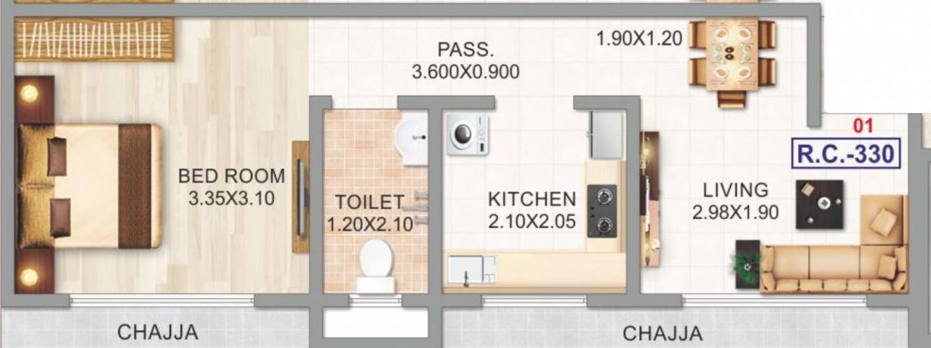 Floor plan of 1 BHK 330 Sq. Ft. Apartment in Adityaraj Navrang CHSL, Mumbai