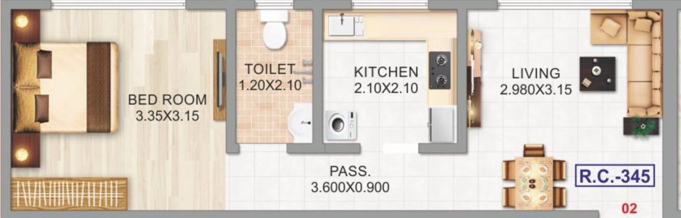 Floor plan of 1 BHK 345 Sq. Ft. Apartment in Adityaraj Navrang CHSL, Mumbai