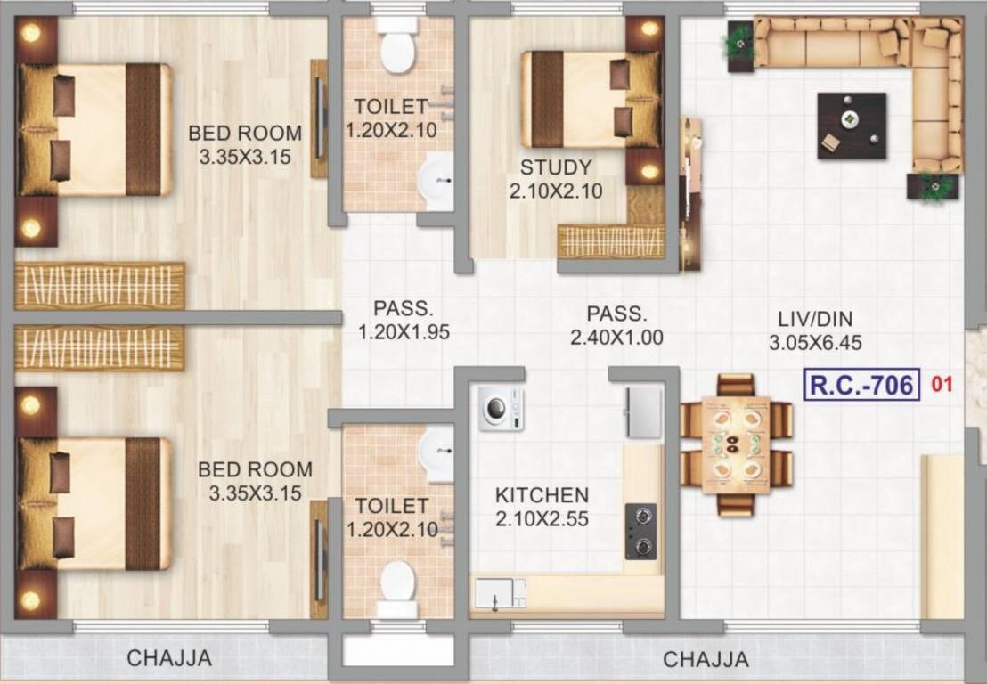 Floor plan of 2 BHK 706 Sq. Ft. Apartment in Adityaraj Navrang CHSL, Mumbai