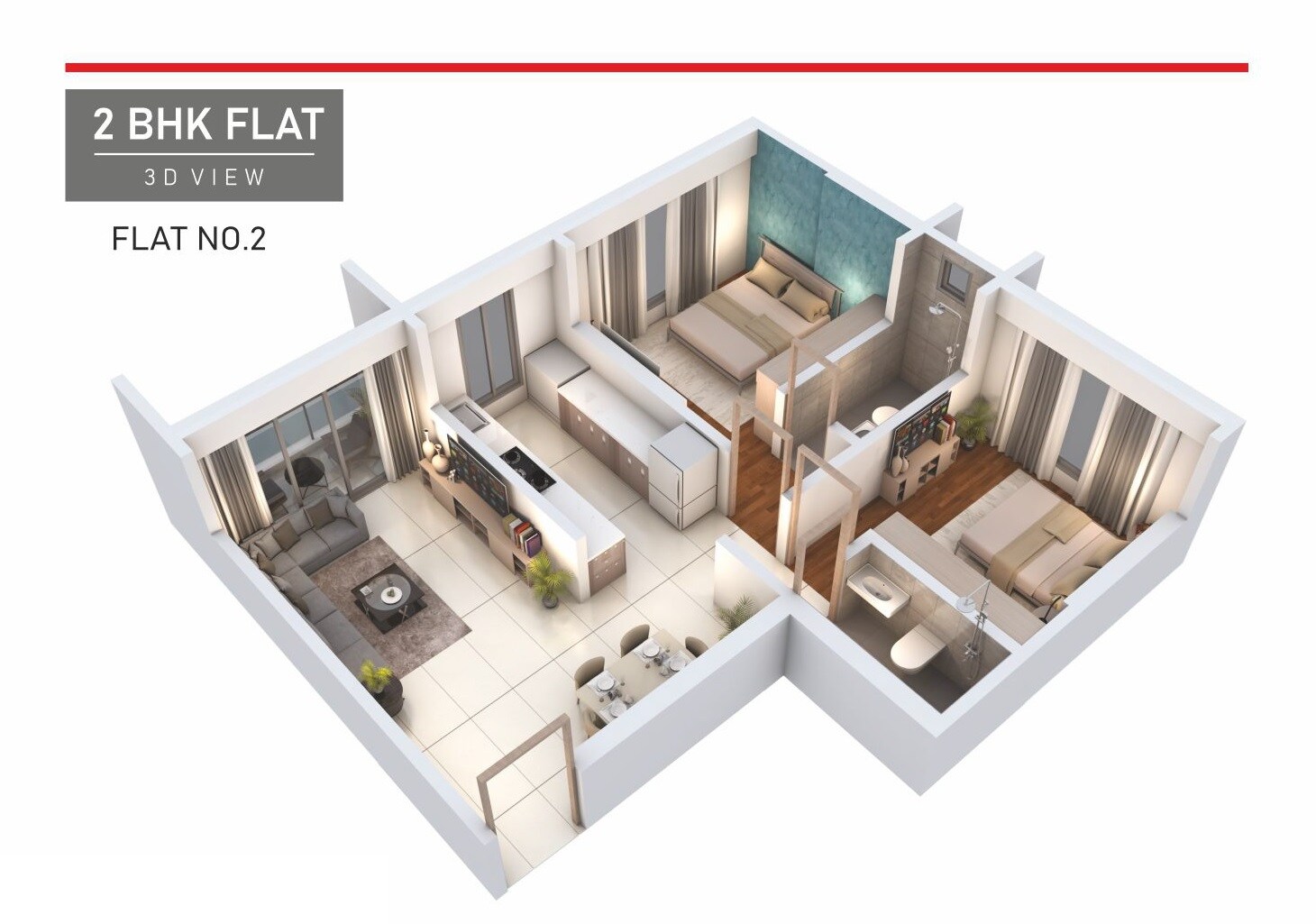 Floor plan of 2 BHK 610 Sq. Ft. Apartment in Adityaraj One, Mumbai