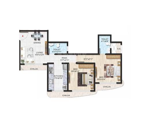 Floor plan of 2 BHK 490 Sq. Ft. Apartment in Adityaraj Purnima Pride, Mumbai