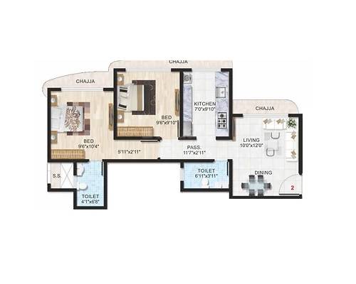 Floor plan of 2 BHK 545 Sq. Ft. Apartment in Adityaraj Purnima Pride, Mumbai