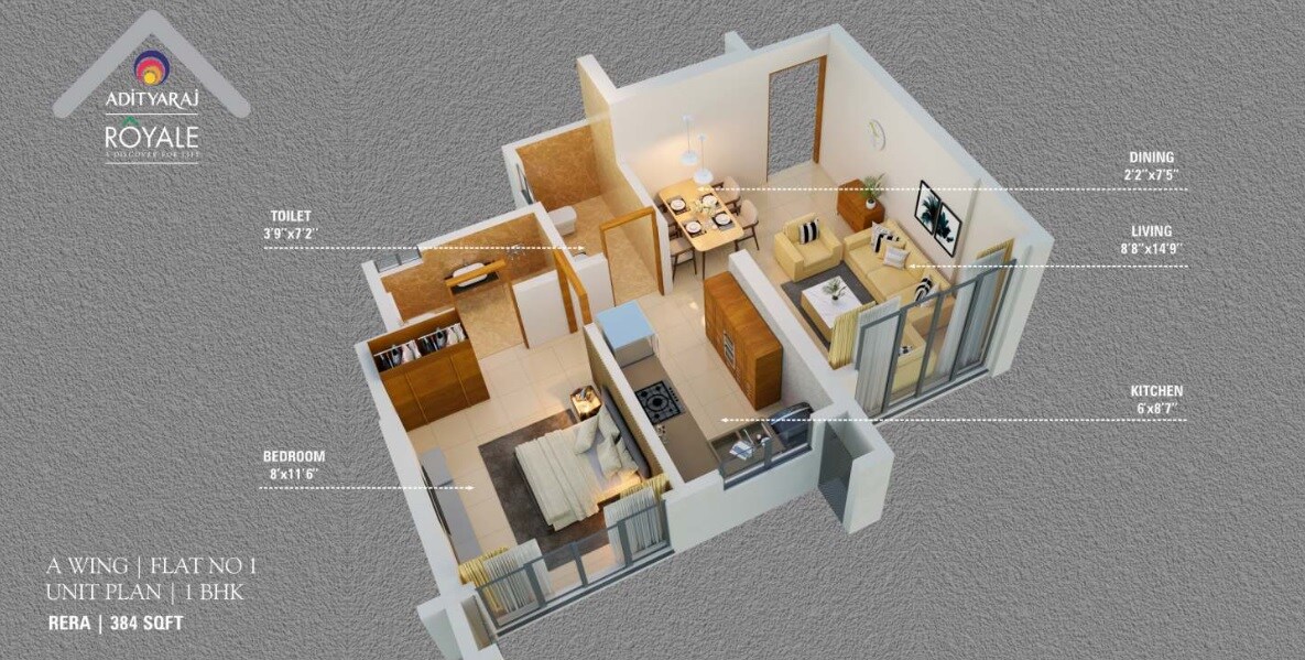 Floor plan of 1 BHK 384 Sq. Ft. Apartment in Adityaraj Royale, Mumbai
