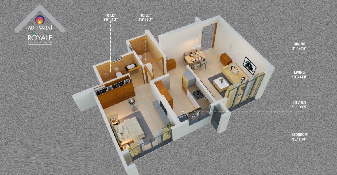 Floor plan of 1 BHK 442 Sq. Ft. Apartment in Adityaraj Royale, Mumbai