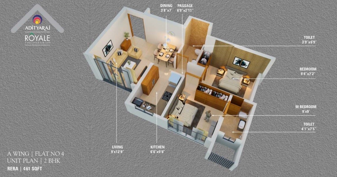 Floor plan of 2 BHK 461 Sq. Ft. Apartment in Adityaraj Royale, Mumbai