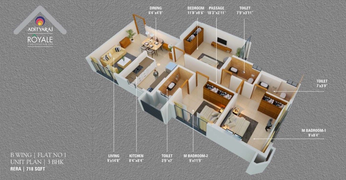 Floor plan of 3 BHK 718 Sq. Ft. Apartment in Adityaraj Royale, Mumbai