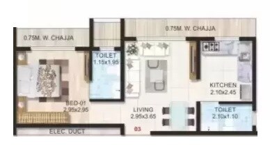 Floor plan of 1 BHK 342 Sq. Ft. Apartment in Adityaraj Sai Prasad, Mumbai