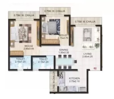 Floor plan of 2 BHK 509 Sq. Ft. Apartment in Adityaraj Sai Prasad, Mumbai