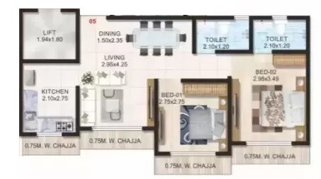 Floor plan of 2 BHK 527 Sq. Ft. Apartment in Adityaraj Sai Prasad, Mumbai