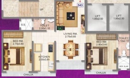 Floor plan of 2 BHK 543 Sq. Ft. Apartment in Adityaraj Saphalya, Mumbai