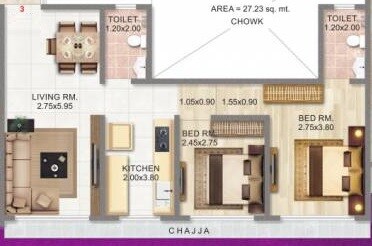 Floor plan of 2 BHK 590 Sq. Ft. Apartment in Adityaraj Saphalya, Mumbai