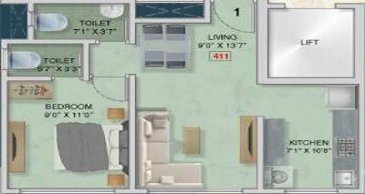 Floor plan of 1 BHK 411 Sq. Ft. Apartment in Adityaraj Shanti Sadan, Mumbai