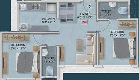 Floor plan of 2 BHK 498 Sq. Ft. Apartment in Adityaraj Shanti Sadan, Mumbai