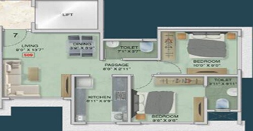 Floor plan of 2 BHK 509 Sq. Ft. Apartment in Adityaraj Shanti Sadan, Mumbai