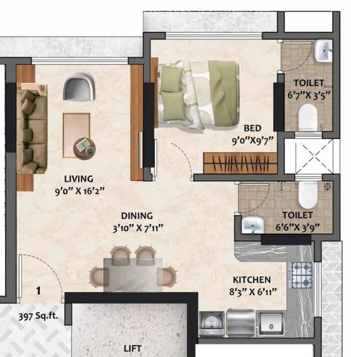 Floor plan of 1 BHK 397 Sq. Ft. Apartment in Adityaraj Shivraj, Mumbai
