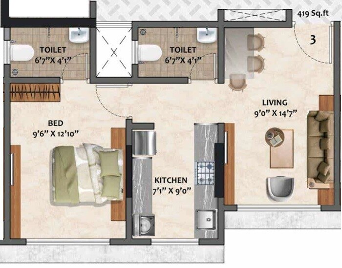 Floor plan of 1 BHK 419 Sq. Ft. Apartment in Adityaraj Shivraj, Mumbai