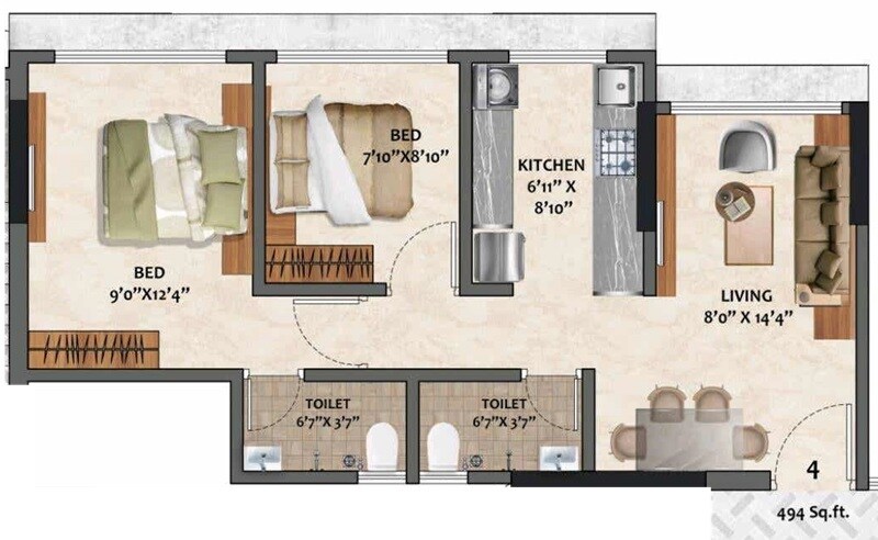 Floor plan of 2 BHK 494 Sq. Ft. Apartment in Adityaraj Shivraj, Mumbai
