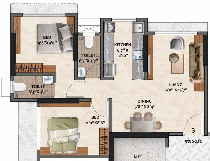 Floor plan of 2 BHK 533 Sq. Ft. Apartment in Adityaraj Shivraj, Mumbai