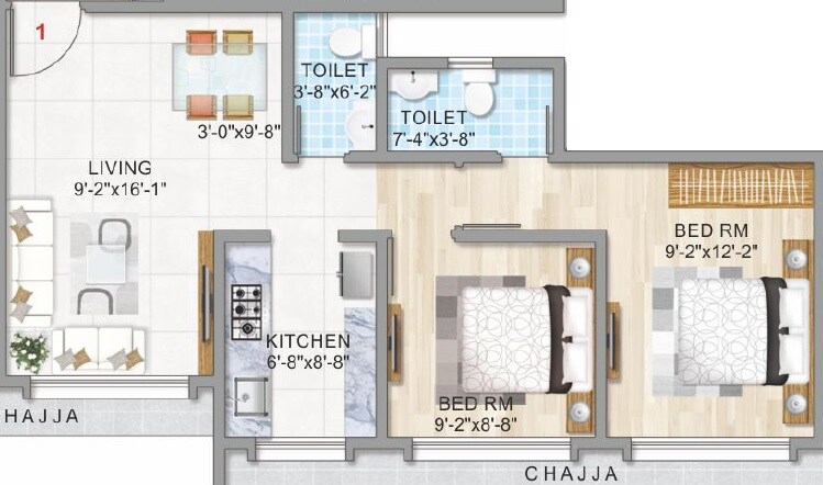 Floor plan of 2 BHK 531 Sq. Ft. Apartment in Adityaraj Square, Mumbai