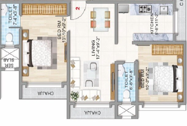 Floor plan of 2 BHK 533 Sq. Ft. Apartment in Adityaraj Square, Mumbai