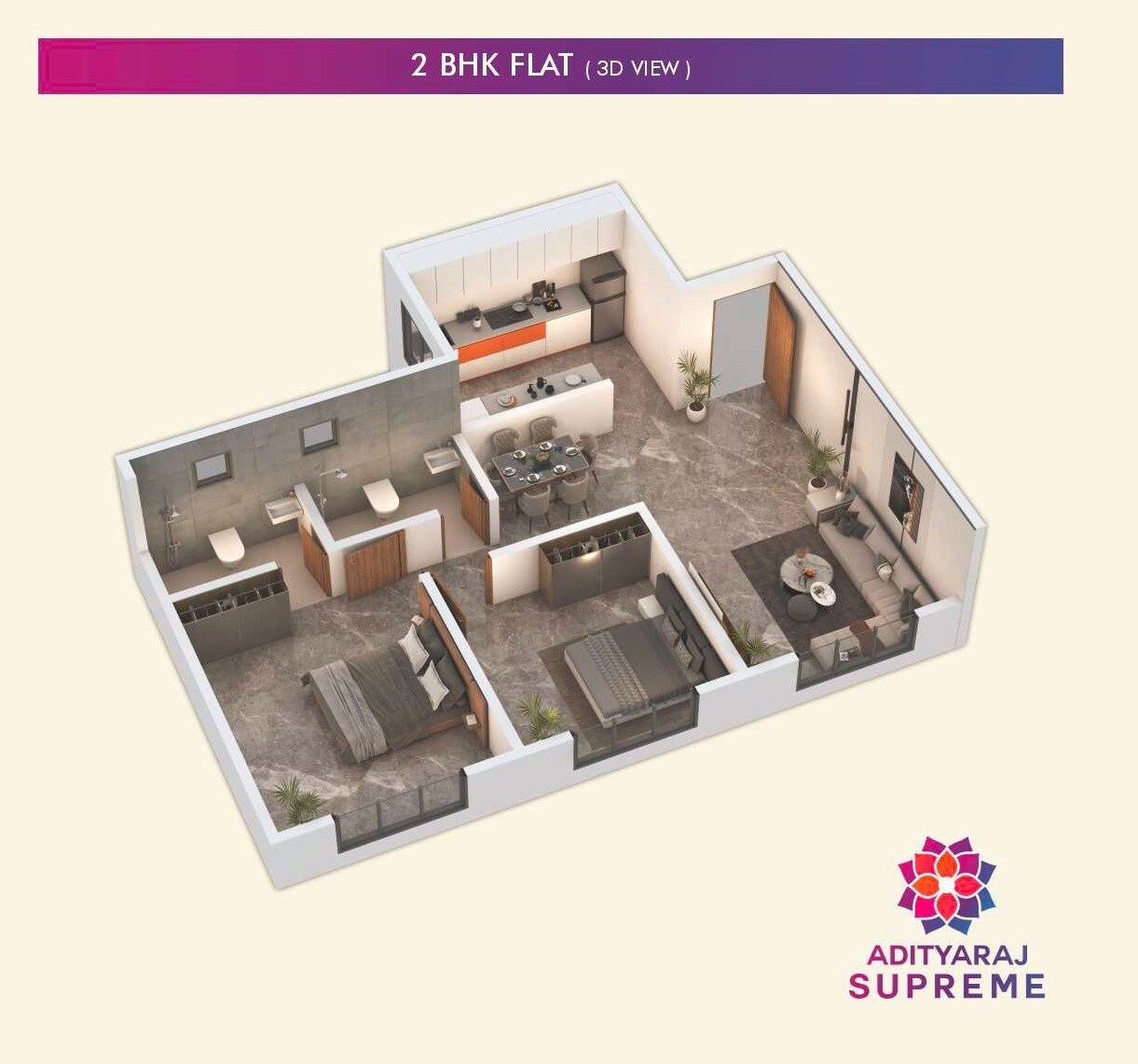 Floor plan of 2 BHK 602 Sq. Ft. Apartment in Adityaraj Supreme, Mumbai