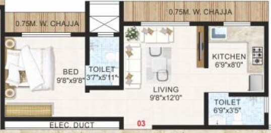 Floor plan of 1 BHK 342 Sq. Ft. Apartment in Adityaraj Suyog CHS, Mumbai