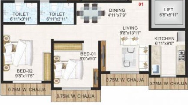Floor plan of 2 BHK 509 Sq. Ft. Apartment in Adityaraj Suyog CHS, Mumbai
