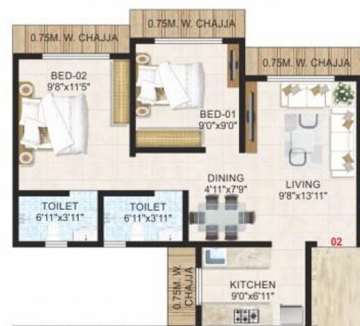Floor plan of 2 BHK 527 Sq. Ft. Apartment in Adityaraj Suyog CHS, Mumbai