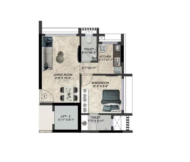Floor plan of 1 BHK 382 Sq. Ft. Apartment in Adnani Glory Apartments, Mumbai