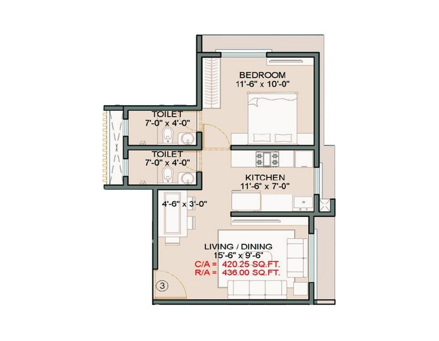 Floor plan of 1 BHK Apartment - 436 sq. ft. in Advent Deepak, Mumbai