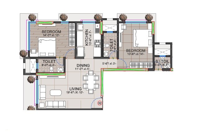 Floor plan of 2 BHK 843 Sq. Ft. Apartment in Advent Divine, Mumbai
