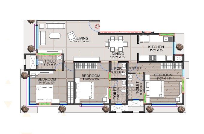 Floor plan of 3 BHK 1100 Sq. Ft. Apartment in Advent Divine, Mumbai