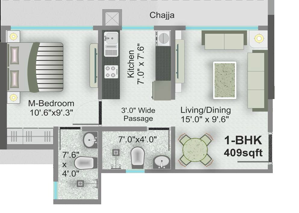 Floor plan of 1 BHK 409 Sq. Ft. Apartment in Advent Neel Residency Bhandup, Mumbai