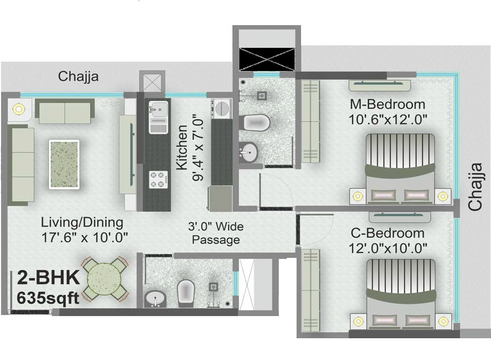 2 BHK 635 Sq. Ft. Apartment