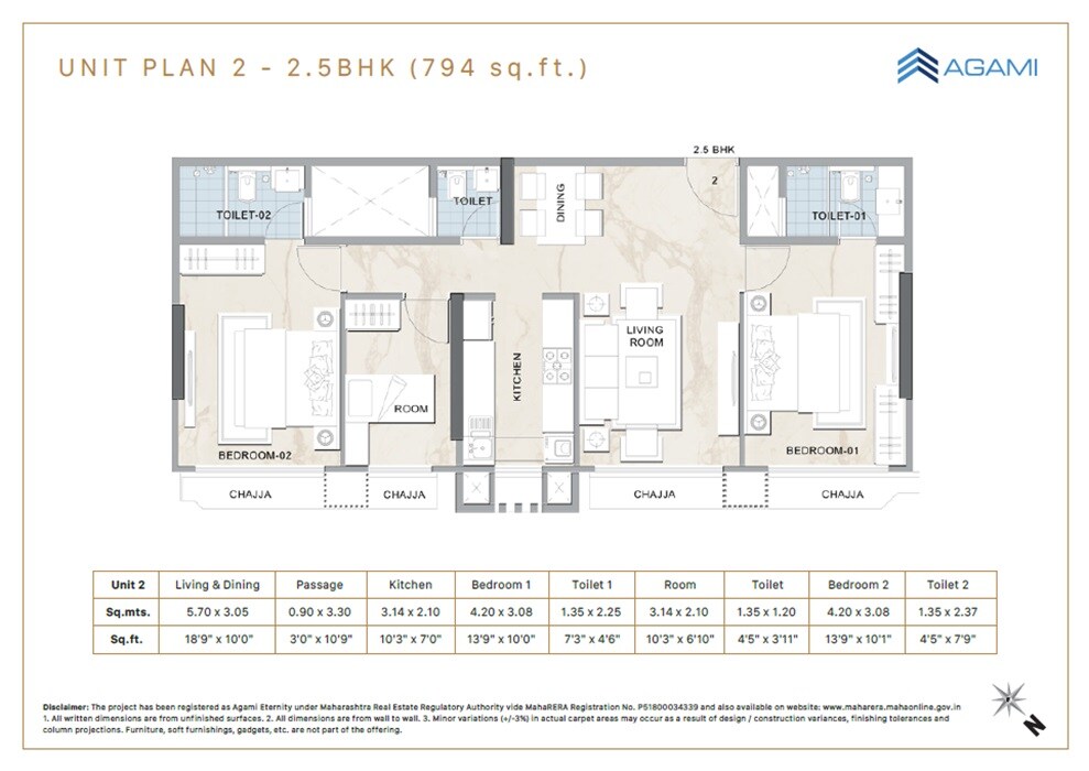 Floor plan of 3 BHK 794 Sq. Ft. Apartment in Agami Eternity, Mumbai