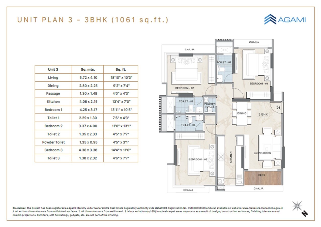 Floor plan of 3 BHK 1061 Sq. Ft. Apartment in Agami Eternity, Mumbai