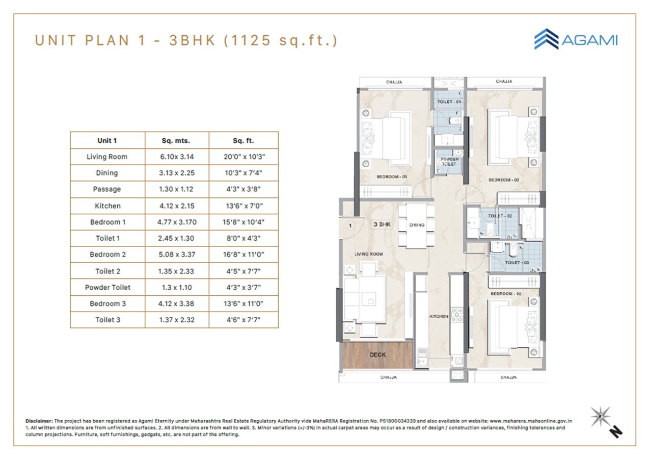 Floor plan of 3 BHK 1125 Sq. Ft. Apartment in Agami Eternity, Mumbai