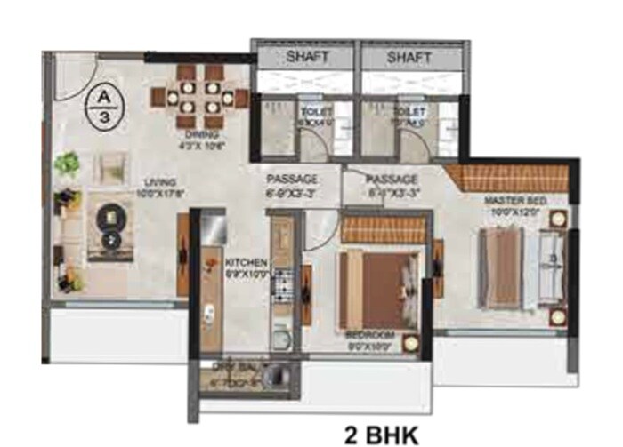 Floor plan of 2 BHK 628 Sq. Ft. Apartment in Agarwal Florence, Mumbai