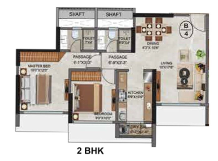 Floor plan of 2 BHK 644 Sq. Ft. Apartment in Agarwal Florence, Mumbai