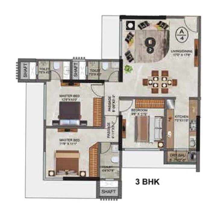 Floor plan of 3 BHK 855 Sq. Ft. Apartment in Agarwal Florence, Mumbai