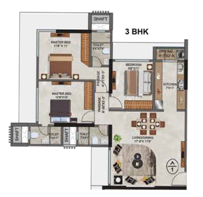 Floor plan of 3 BHK 915 Sq. Ft. Apartment in Agarwal Florence, Mumbai
