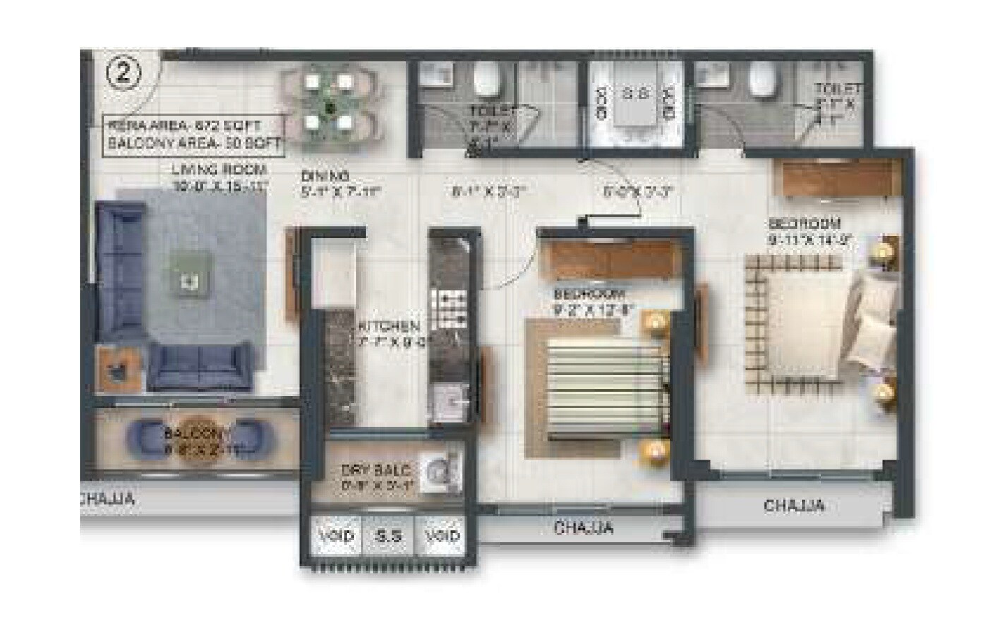 Floor plan of 2 BHK 722 Sq. Ft. Apartment in Agarwal Floresta ­Java, Mumbai